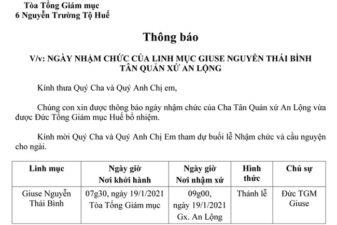 TGP.Huế - Thông báo Thánh Lễ Nhậm Chức Quản xứ An Lộng ngày 19.01.2021