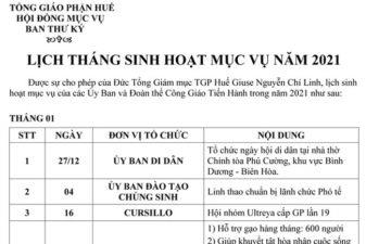 TGP.Huế - Lịch tháng Sinh Hoạt Mục Vụ năm 2021 tại TGP Huế