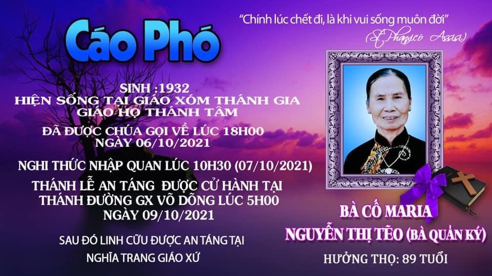 TGP.Sài Gòn - Cáo phó: bà cố Maria - thân mẫu Lm Phụ tá Giáo xứ Tam Hà - qua đời ngày 6-10-2021