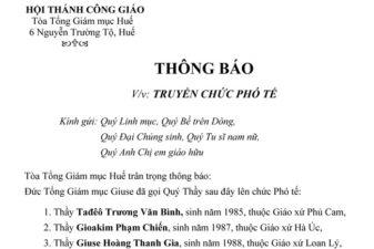 TGP.Huế - Thông báo của Tòa TGM Huế về Thánh Lễ Truyền Chức Phó Tế ngày 19.3.2021