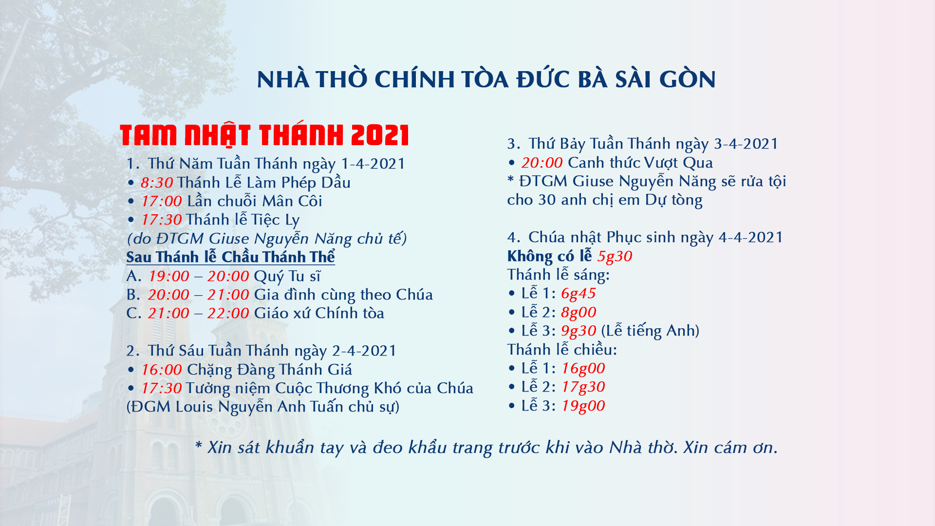 TGP.Sài Gòn - Nhà thờ Chính tòa Đức Bà Sài Gòn: Chương trình Tam Nhật Thánh 2021