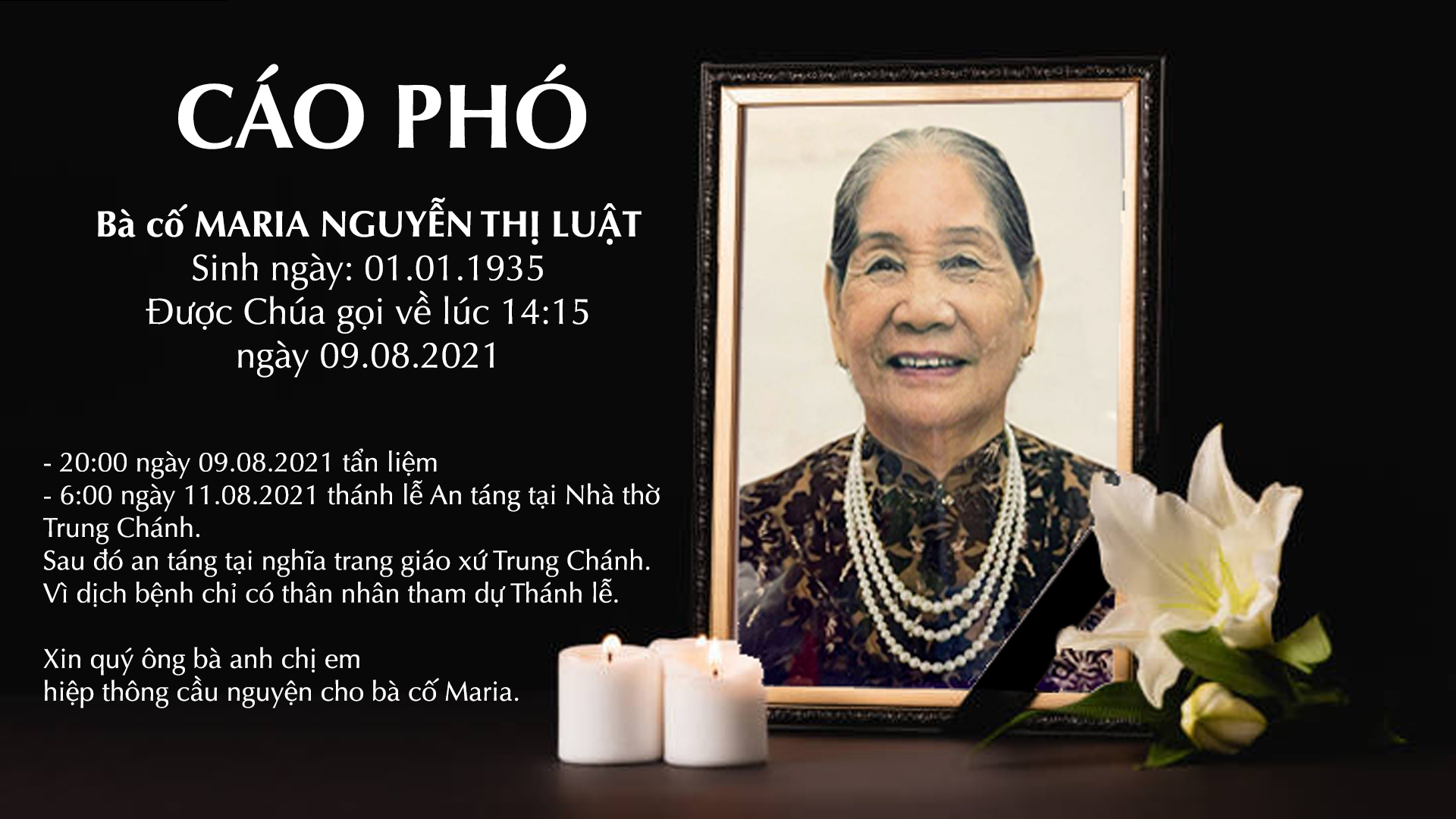 TGP.Sài Gòn - Cáo phó: Thân mẫu của Lm Phêrô Đỗ Duy Khánh qua đời 9-8-2021