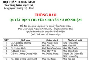 TGP.Huế - Thông báo về thuyên chuyển và bổ nhiệm Linh mục trong TGP Huế ngày 22.8.2021