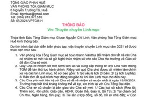 TGP.Huế - Thông báo về việc thuyên chuyển Linh mục trong TGP Huế năm 2021