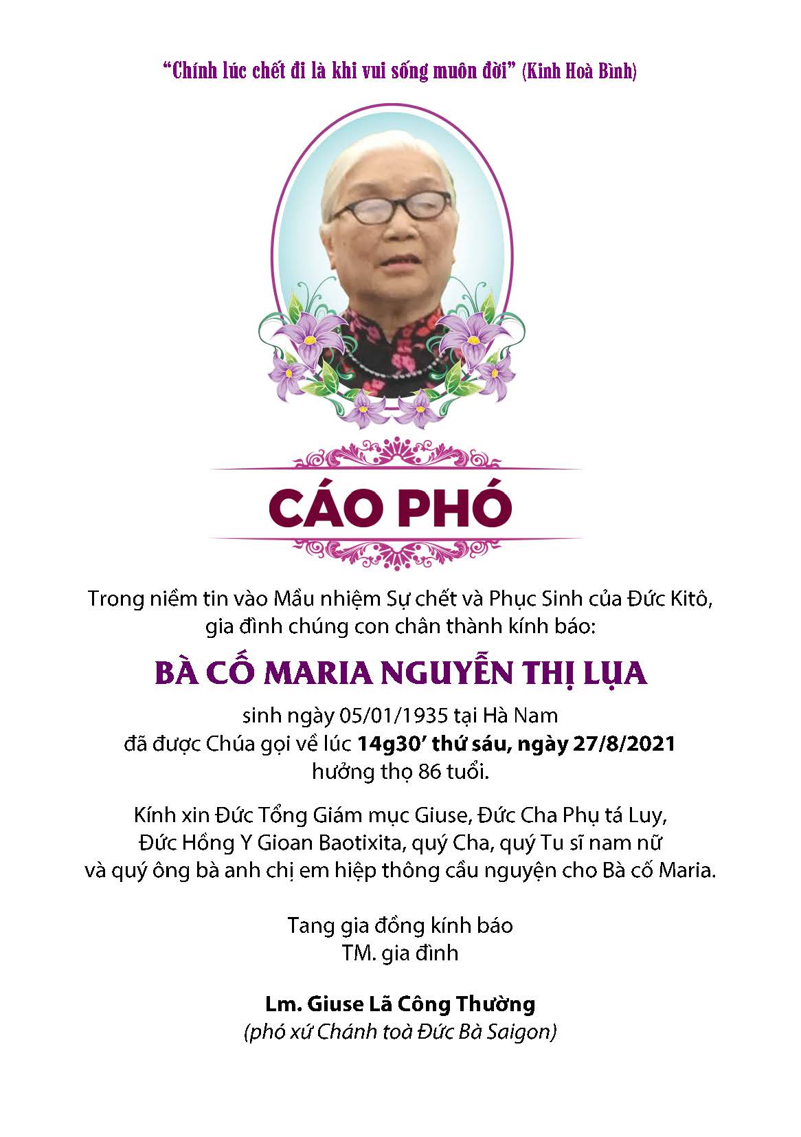 TGP.Sài Gòn - Cáo phó: Thân mẫu của Lm Giuse Lã Công Thường qua đời 27-8-2021