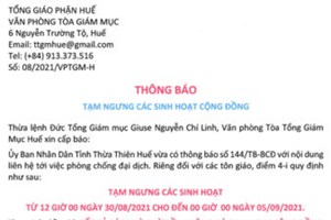 TGP.Huế - Thông báo tạm ngưng các sinh hoạt cộng đồng tại TGP Huế