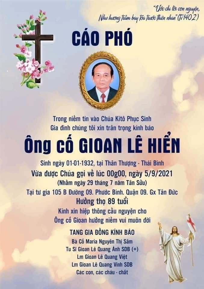 TGP.Sài Gòn - Cáo phó: Ông cố Gioan - thân phụ cha chánh xứ Tân Phước qua đời ngày 5-9-2021