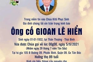 TGP.Sài Gòn - Cáo phó: Ông cố Gioan - thân phụ cha chánh xứ Tân Phước qua đời ngày 5-9-2021