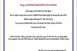 TGP.Sài Gòn - Cáo phó: thân phụ linh mục Giuse Vũ Đức Minh - phụ tá Gx Fatima Bình Triệu - qua đời 5-9-2021