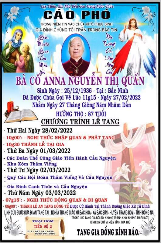 TGP.Sài Gòn - Cáo phó: bà cố Anna - thân mẫu Lm. Đaminh Hoàng Trọng Hợp - qua đời ngày 27-2-2022