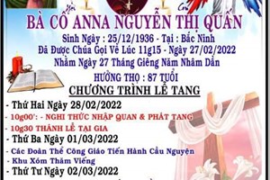 TGP.Sài Gòn - Cáo phó: bà cố Anna - thân mẫu Lm. Đaminh Hoàng Trọng Hợp - qua đời ngày 27-2-2022