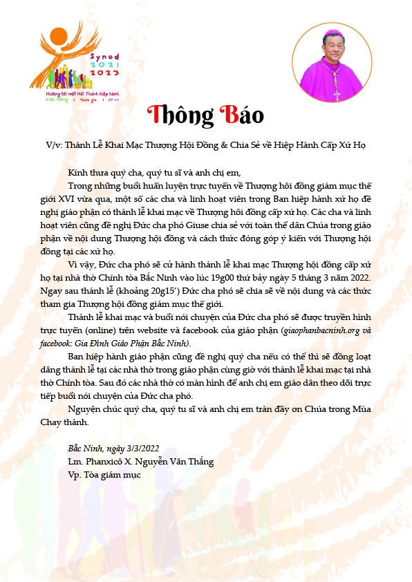 GP.Bắc Ninh - Thông báo: Thánh lễ khai mạc Thượng hội đồng và chia sẻ về Hiệp hành cấp xứ họ