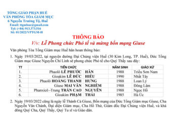 TGP.Huế - Thông báo Lễ Phong chức Phó tế và mừng Bổn mạng Giuse