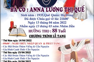 TGP.Sài Gòn - Cáo phó: bà cố Anna - thân mẫu của Lm. Phêrô Nguyễn Văn Trọng - qua đời ngày 13-4-2022; An táng 18-4-2022