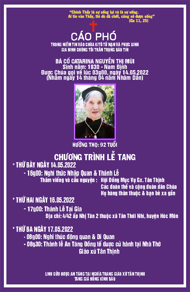 TGP.Sài Gòn - Cáo phó: bà cố Catarina - thân mẫu Lm. Giuse Bùi Văn Quyền - qua đời ngày 14-5-2022; An táng 17-5-2022