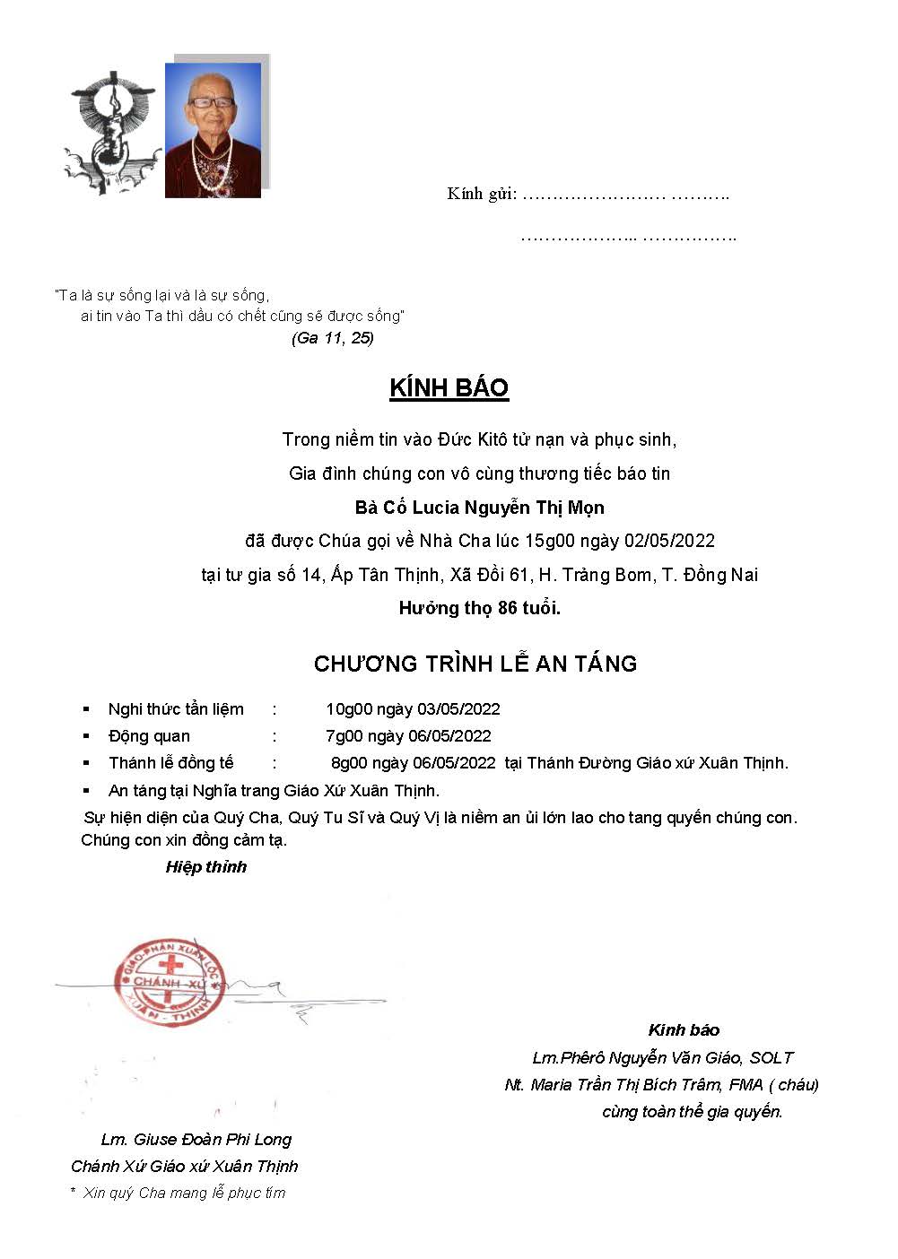 TGP.Sài Gòn - Cáo phó: bà cố Lucia - thân mẫu của Lm. Phêrô Nguyễn Văn Giáo - qua đời ngày 2-5-2022; An táng 6-5-2022