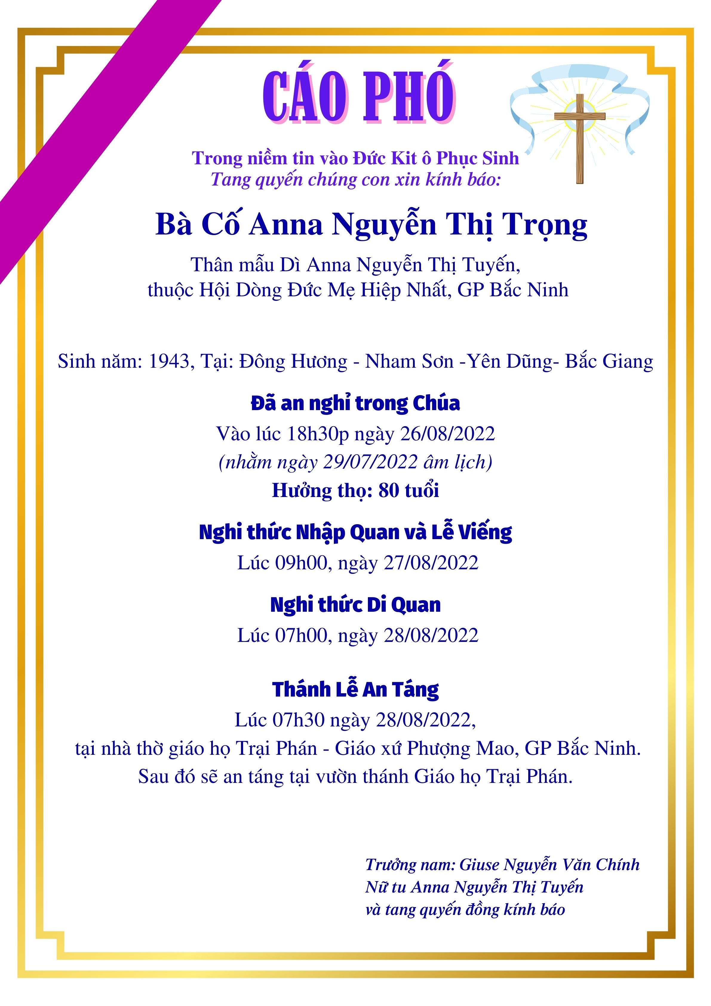 GP.Bắc Ninh - Cáo phó bà cố Anna Nguyễn Thị Trọng, thân mẫu dì Anna Nguyễn Thị Tuyến